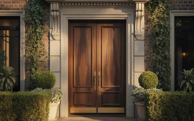 Luxury front entrance featuring a large walnut or mahogany door.