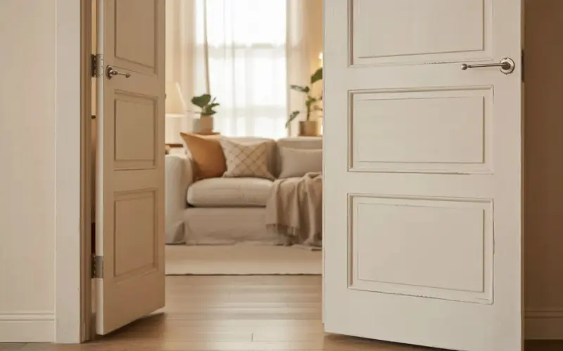 Stylish interior room with painted pine or poplar doors.