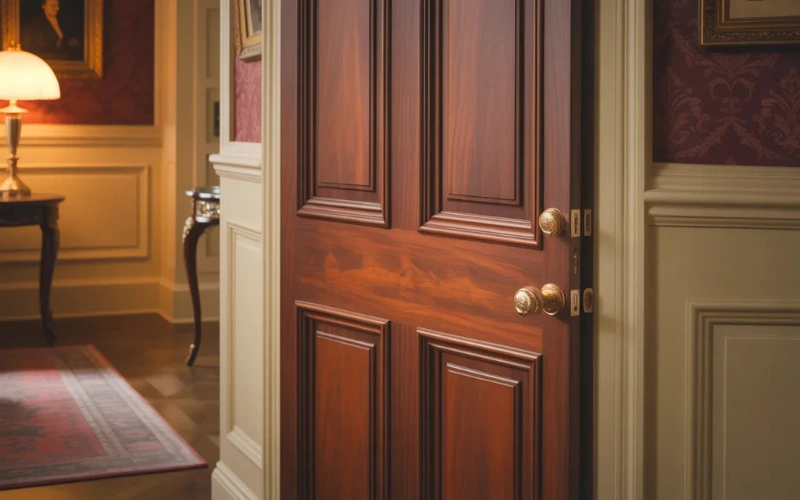 Cherry wood door with reddish tone.
