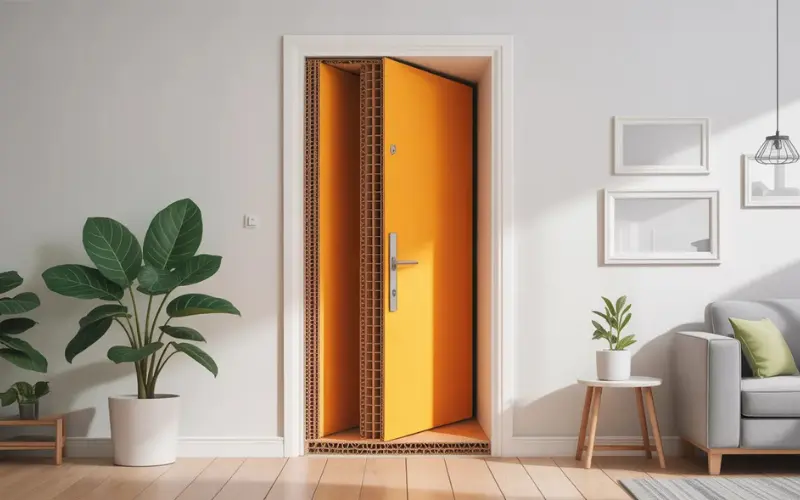 Cutaway view of hollow core door showing honeycomb.