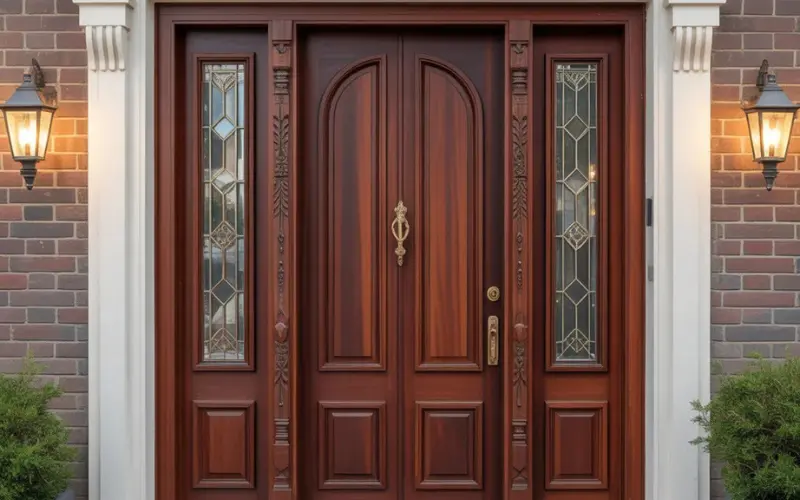 Rich reddish-brown mahogany wooden front door.