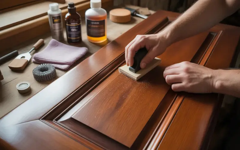 Close-up of sanding, sealing, and cleaning wooden door surfaces.