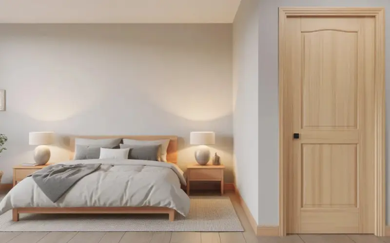 Light-colored pine wood interior door in a simple bedroom.