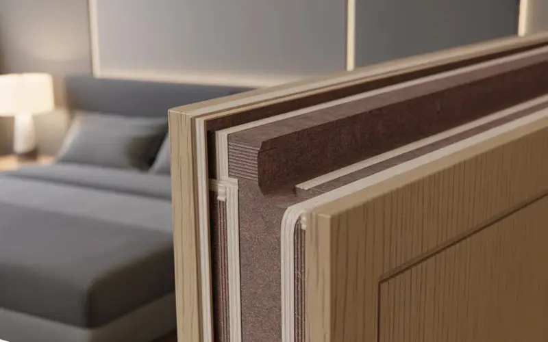 Interior solid core door slightly open showing layered structure.