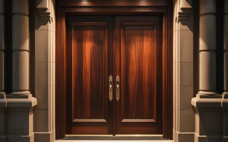 Luxurious solid wood front door made of mahogany.