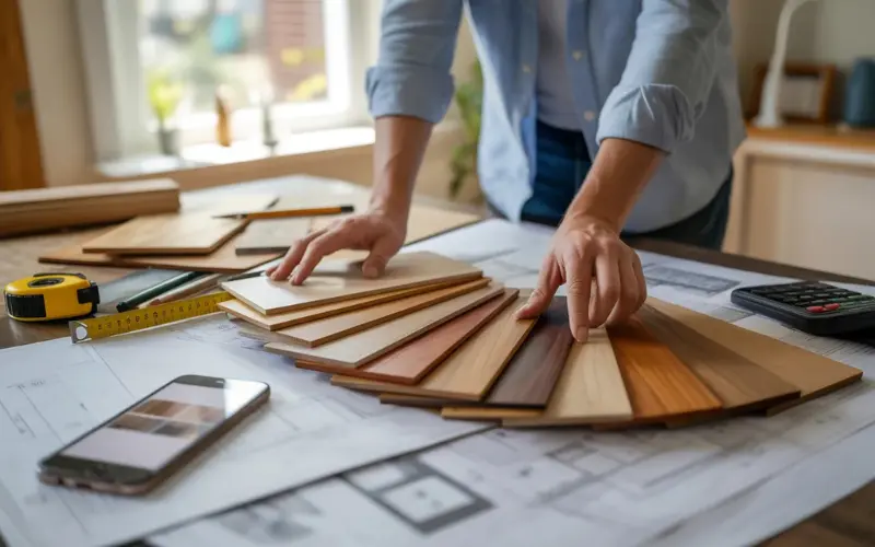 Homeowner choosing wood samples.