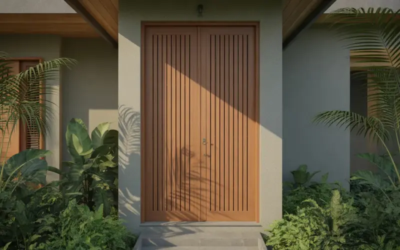 Teak wood door in a tropical coastal house.