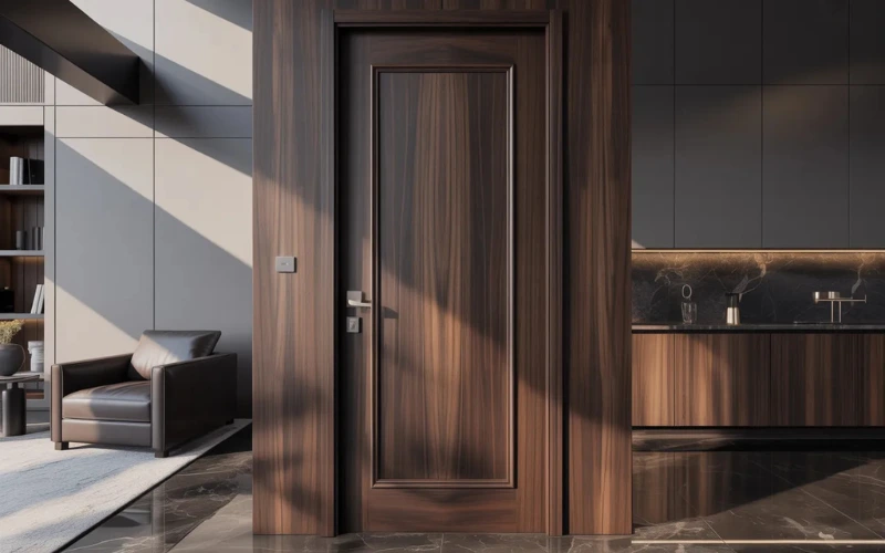 Dark walnut luxury interior door, modern high-end home.