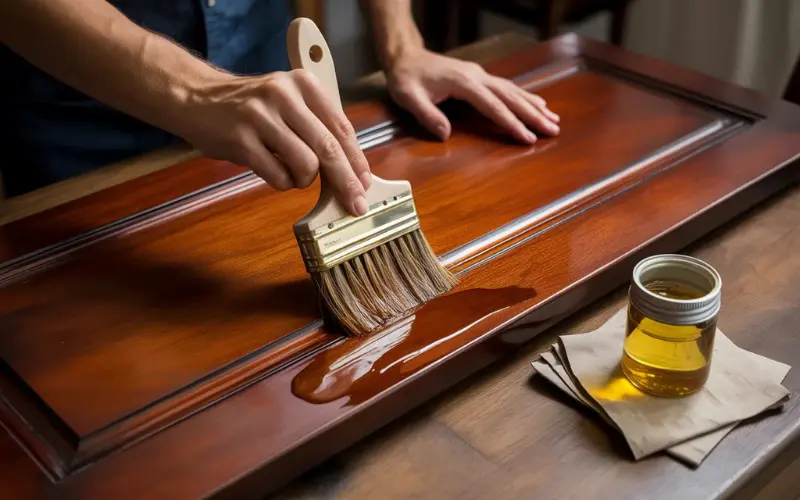 Person maintaining a wooden door using oil.