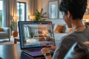 A young beginner using AI interior design software on a laptop,