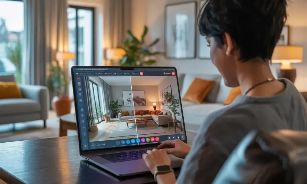 A young beginner using AI interior design software on a laptop,