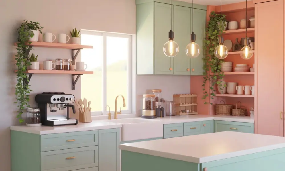 Aesthetic Bloxburg kitchen inspiration scene with pastel cabinets.