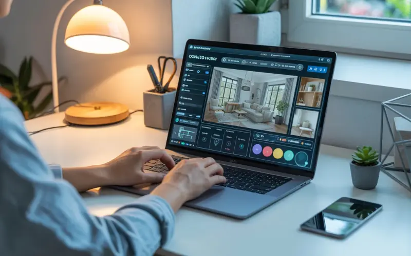 eginner opening AI interior design website on laptop.