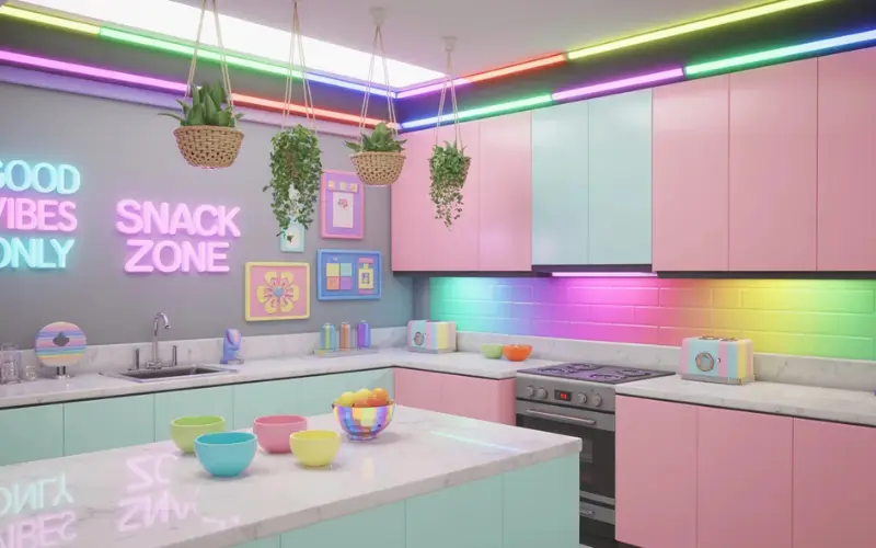 a bright colorful Bloxburg kitchen with pastel cabinets.