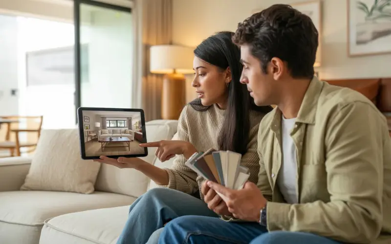 Couple comparing furniture choices using AI interior design.