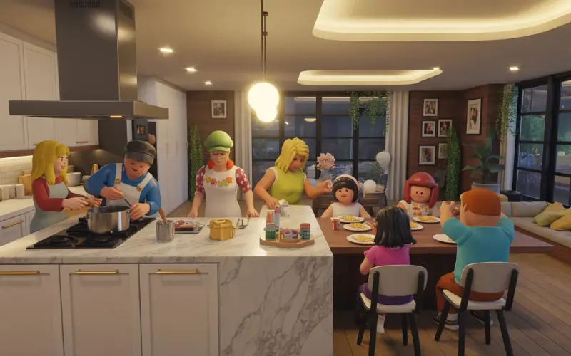 a cozy Bloxburg family kitchen scene where Roblox characters are cooking.