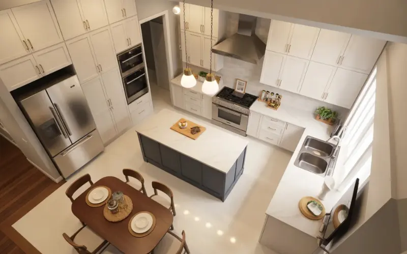 a realistic Bloxburg kitchen layout showing open floor design.