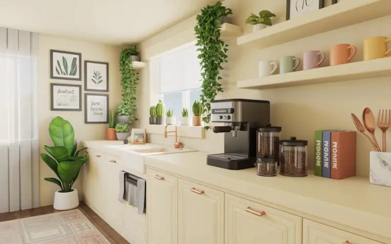 an aesthetic Bloxburg kitchen decor setup with coffee station.