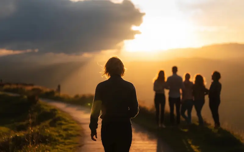 A symbolic image showing a person walking away from dark.