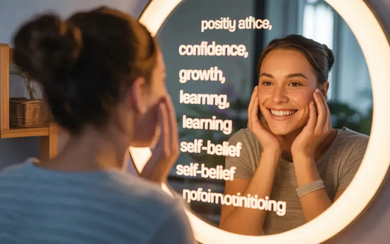 A smiling individual looking into a mirror.