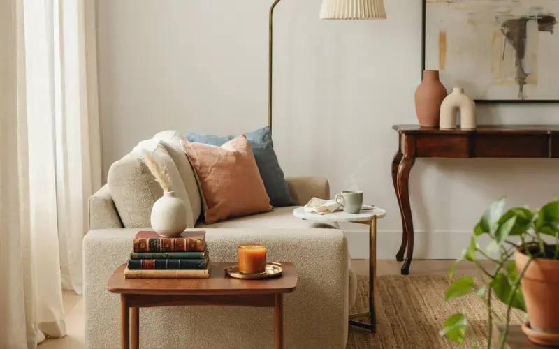 Modern living room decorated with vintage accessories.