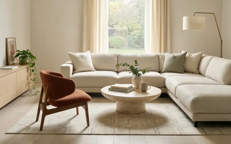 Perfectly balanced living room layout with modern sectional sofa.