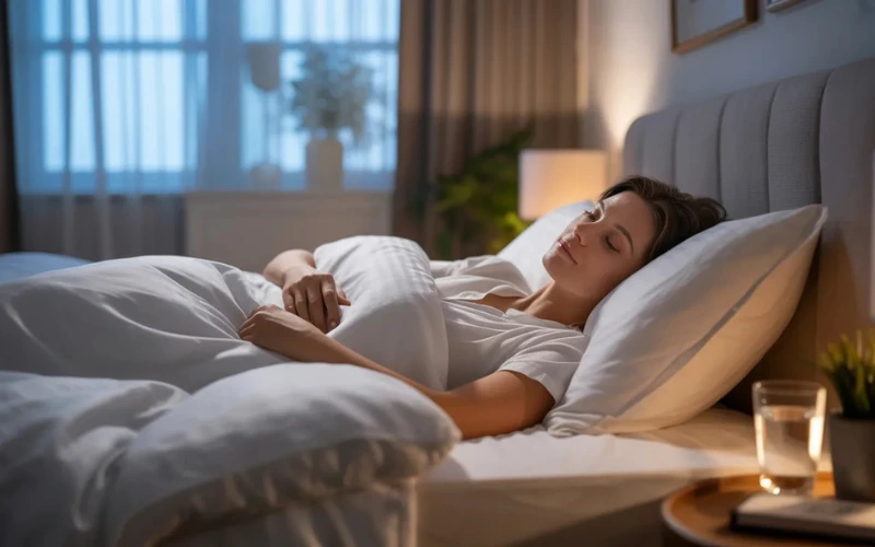 A peaceful bedroom scene with a person sleeping.