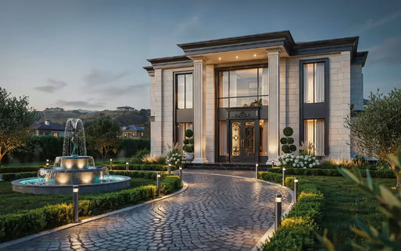 Grand entrance of a luxury Bloxburg mansion.