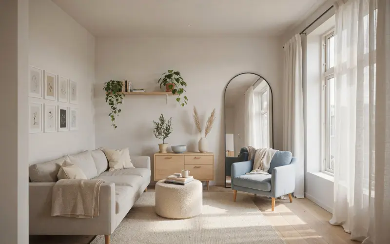 Bright small apartment interior using light color design.