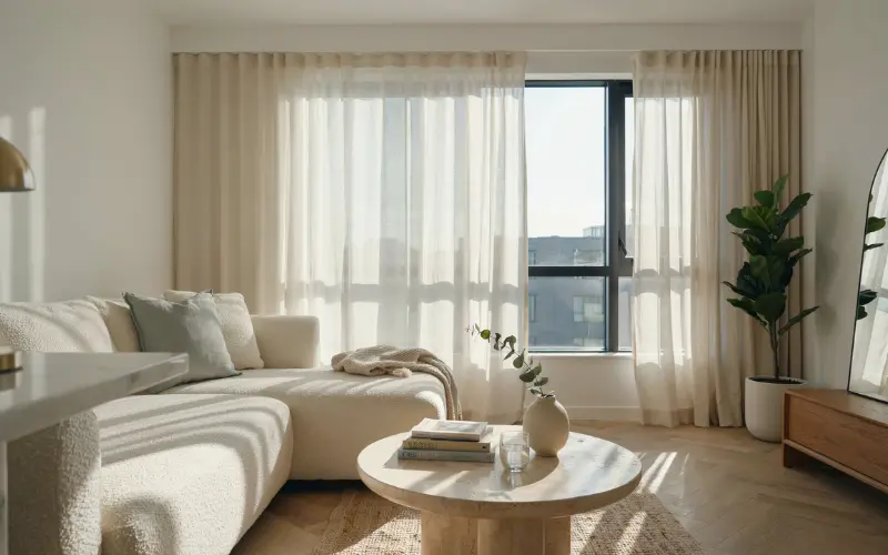 Small apartment living room filled with natural sunlight.