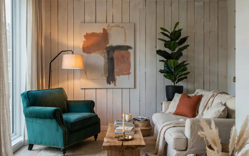 Cozy designer living room showcasing rich textures.