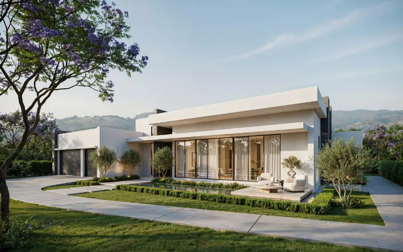 Modern Bloxburg mansion exterior with clean architectural lines.
