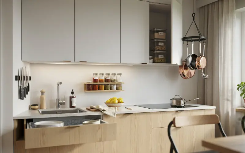 Compact modern apartment kitchen.