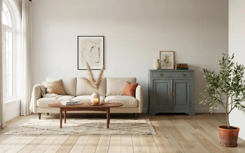Stylish living room featuring modern neutral sofa.