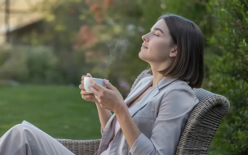 A relaxed professional sitting in a garden.