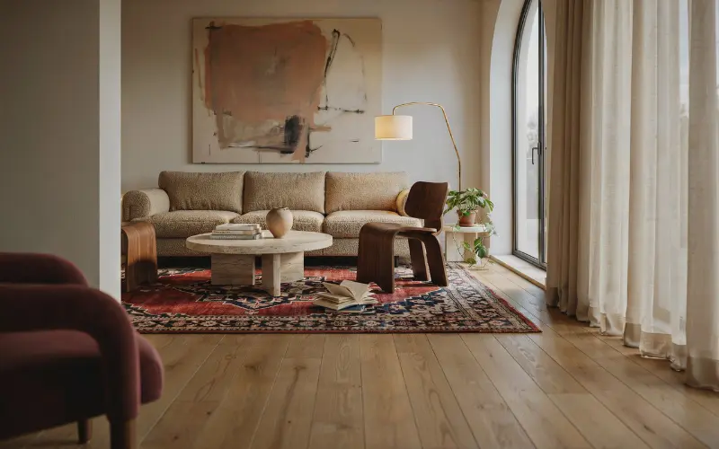 Elegant living room featuring a stunning vintage Persian rug