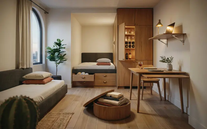 Small apartment with creative vertical storage solutions..