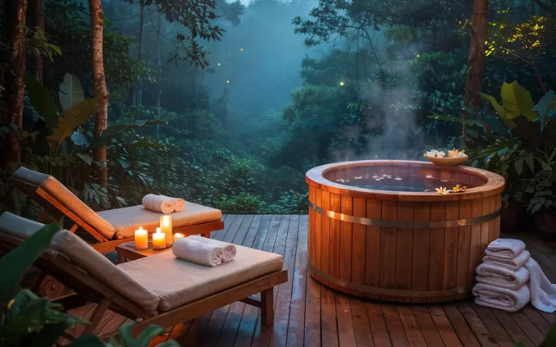 Luxury treehouse spa featuring wooden hot tub.