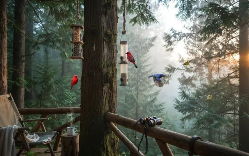 Quiet treehouse observation tower overlooking a forest.