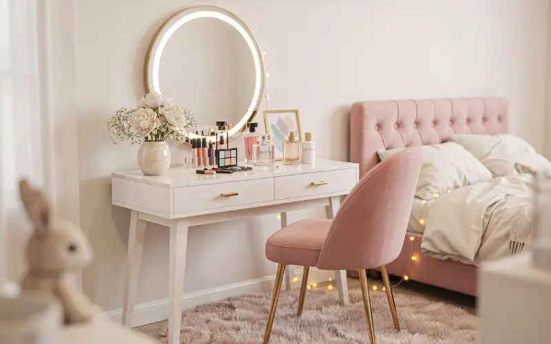 A beautiful vanity corner inside a Soft Girl Bloxburg bedroom.