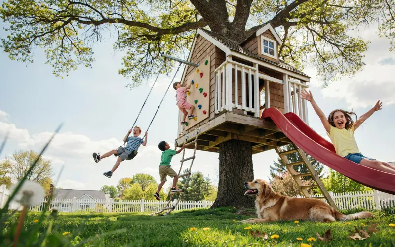 Children happily playing in an elevated treehouse.