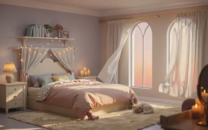 A magical Soft Girl bedroom illuminated.