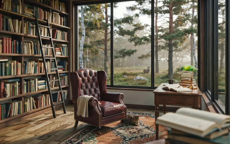 Beautiful treehouse library featuring floor-to-ceiling bookshelves.
