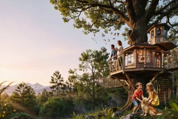 a luxury multi-level treehouse around a giant oak tree.