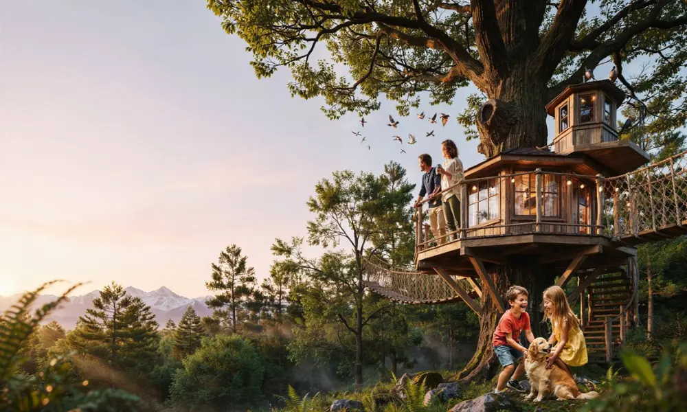 a luxury multi-level treehouse around a giant oak tree.
